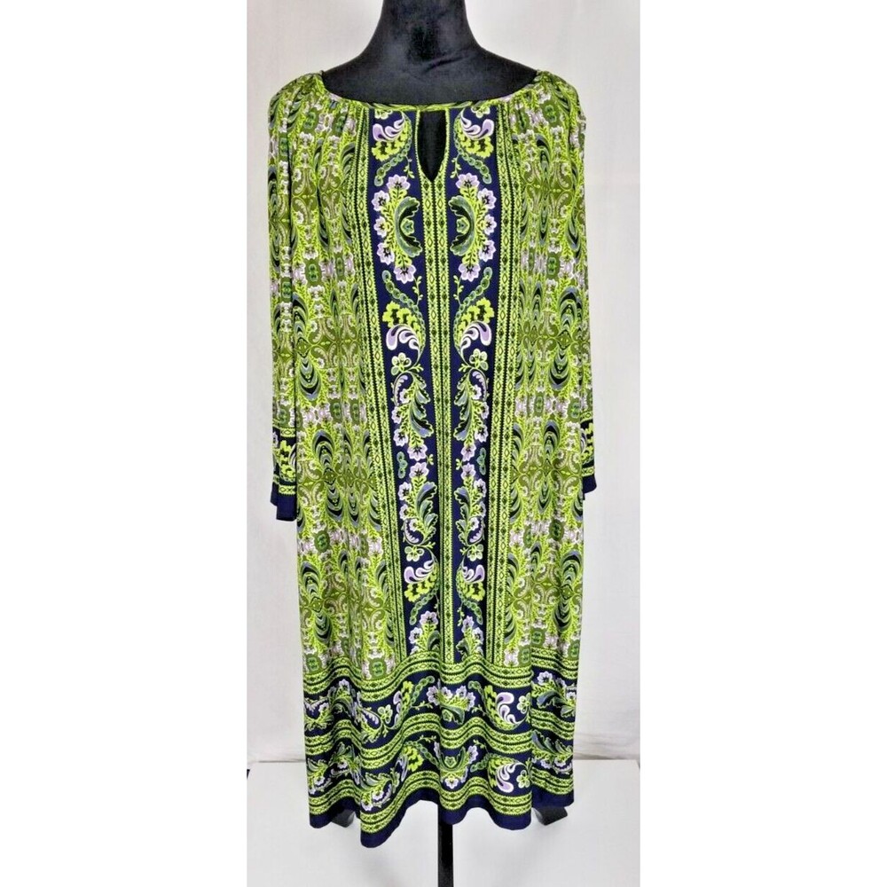 LONDON TIMES Keyhole Neckline 3/4 Peek a Boo Sleeve Shift Dress 16W Retro Boho